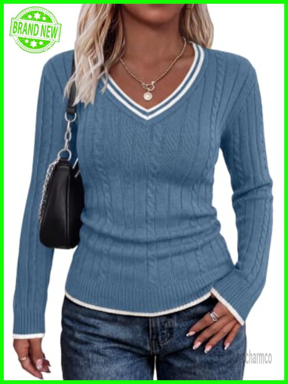 V Neck Slim Fit Cable Knit Color Block Long Sleeve Sweater Pullover
